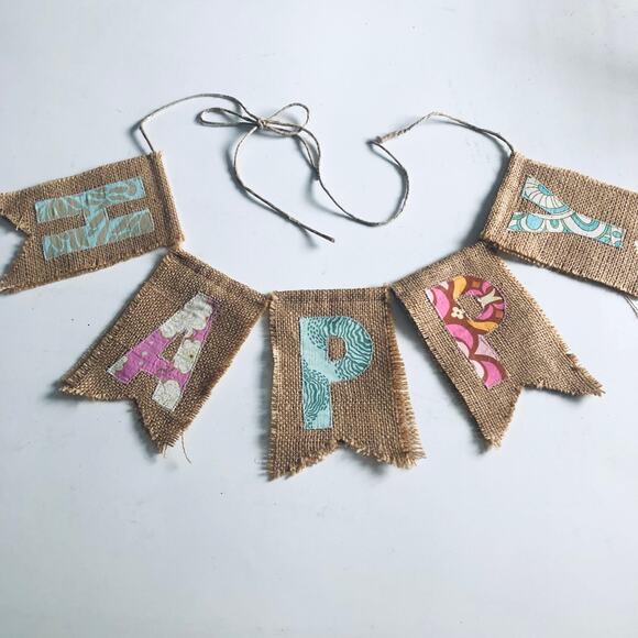 "Happy" Burlap Embroidered Decorative Banner Amy Butler Fabric Handmade Nursery - Picture 8 of 9